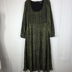 French Connection Green Snakeskin Smocked Midi Dress XL 16